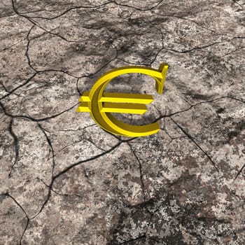 3d illustration of golden euro sign on rock with crack