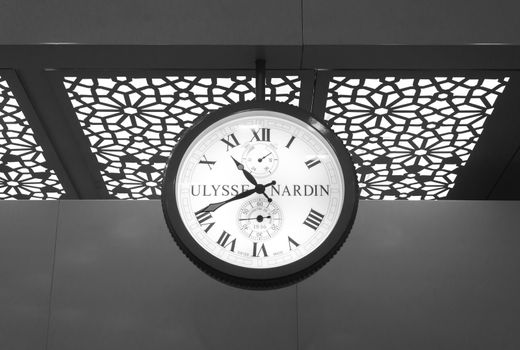 Mumbai, India - January 5, 2015: Ulysse Nardin clock in Chhatrapati Shivaji International Airport, Mumbai, India. Ulysse Nardin is a watch manufacturer founded in 1846, in Le Locle, Switzerland.