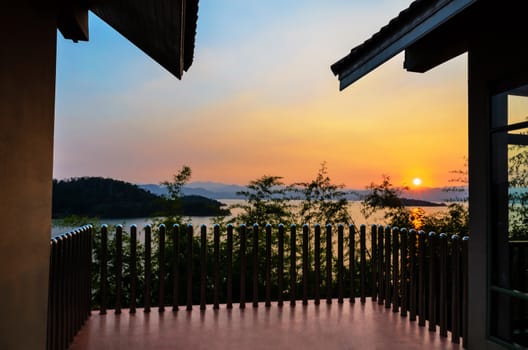 High angle view beautiful lake at sunset from resort in Kaeng Kra Chan National Park, Phetchaburi Province, Thailand