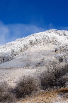 Mount Beshtau Ridges and Hills with Snowy Trees on Blue Cloudy Sky background Outdoors