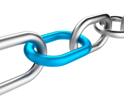 Metal Chain with One Single Blue Link on White Background 3D Illustration