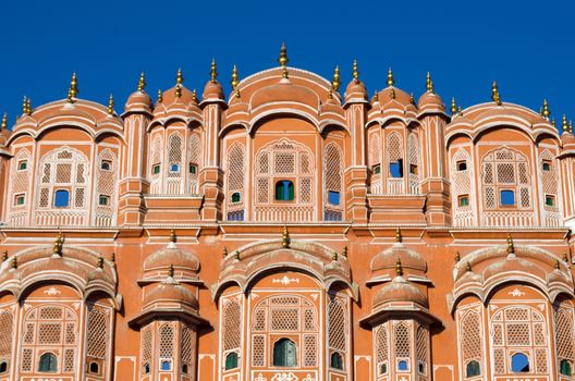 Elevation of Hawa Mahal palace or Palace of the Winds in Jaipur, Rajasthan, India