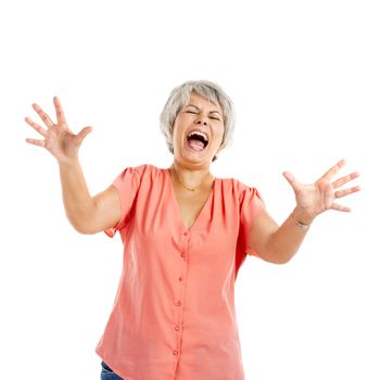 Portrait of a elderly woman yelling and worried with something, isolated on a white background