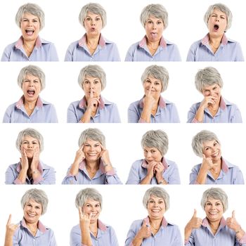 Composite of multiple portraits of a elderly woman in different expressions