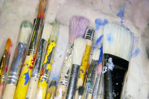 collection of various artists brushes in all sizes on a canvas background