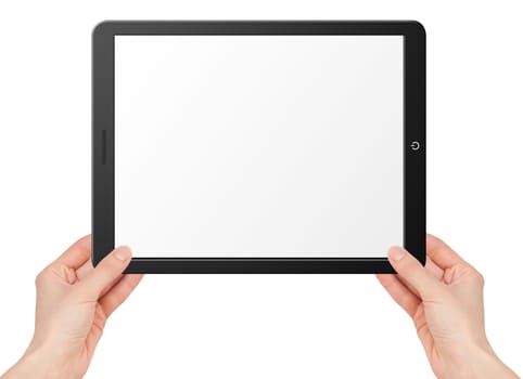 Illustration of modern computer tablet with hands. Isolated on white background
