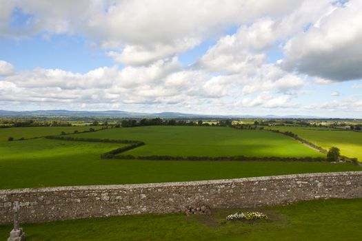 view from the rock of Cashel of the beautiful green fields and countryside