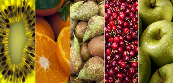 A selection of fresh Fruit - Kiwifruit, Oranges, Pears, Red Cherries and Apples.