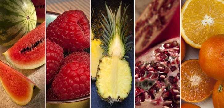 A selection of fresh Fruit - Watermelon, Raspberry, Pineapple, Pomegranate and Oranges.