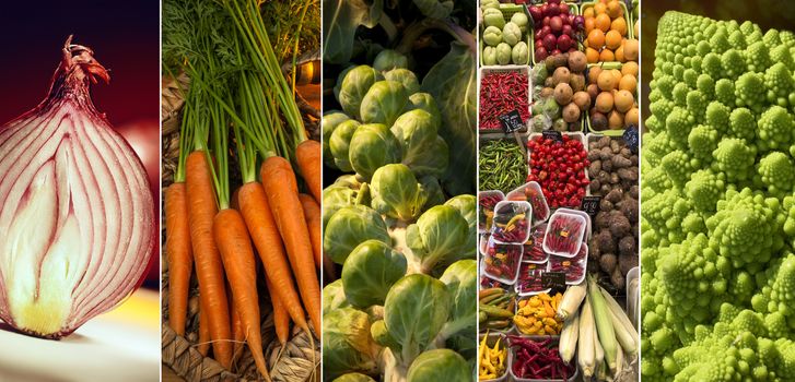 A selection of fresh vegetables - onion, carrots, sprouts, Romanesque broccoli and assorted vegetables on a Spanish market stall.