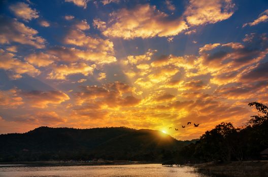 Sunrise over mountain by the lake at Kaeng Krachan National Park Phetchaburi province in Thailand