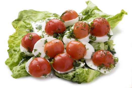 Mozzarella cheese with tomatoes on a green lettuce isolated on white.