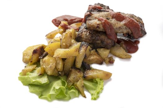 Pork ribs with fried potatoes isolated on white.