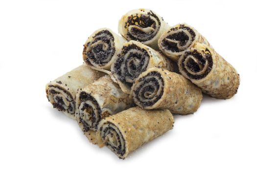 Pancakes with poppy seeds and honey isolated on white.
