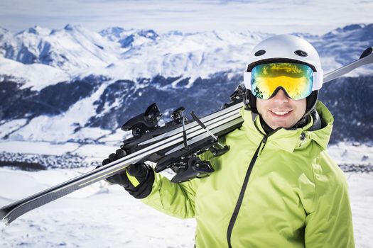 Happy man at apine ski slope livigno italy vacation success
