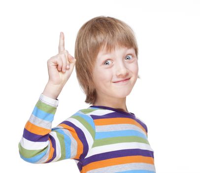 Boy Points up his Finger, Has an Idea - Isolated on White