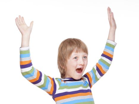 Boy Cheering with his Arms up - Isolated on White