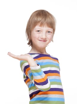 Boy Stretching out his Arm with Palm up, Looking, Smiling - Isolated on White