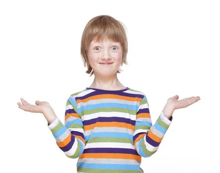 Boy Stretching out his Arms with Palms up, Looking, Smiling - Isolated on White