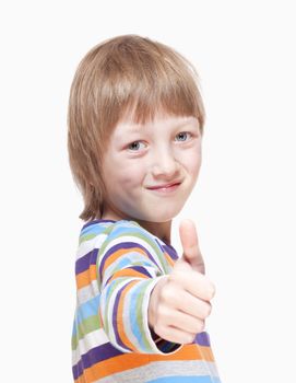 Boy with Blond Hair Showing Thumbs Up Hand Sign - Isolated on White