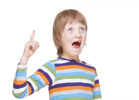 Boy Points up his Finger, Has an Idea - Isolated on White