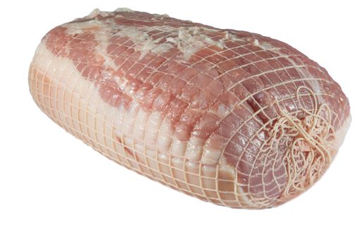 Picture of a raw wrapped pork roast upside down