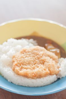 Fried pork top on rice, stock photo