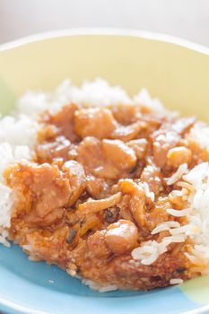 Stirred pork with sauce top on rice, stock photo