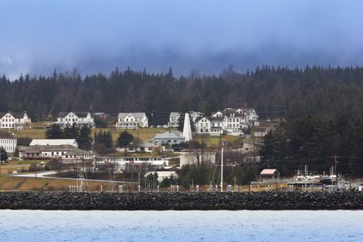 View of Haines; Alaska; a town on Lynn Canal.; Officer's housing of Fort William H. Seward; a National Historic Landmark site; are visible.
