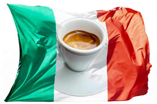 Cup of Italian coffee stands on an Italian national flag.
