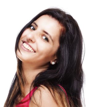 Young Woman with Long Black Hair Smiling - Isolated on White