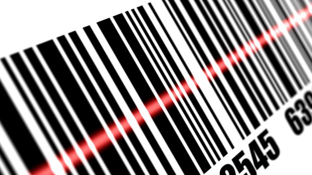 Scanner scanning barcode on with white background. Depth of fields.