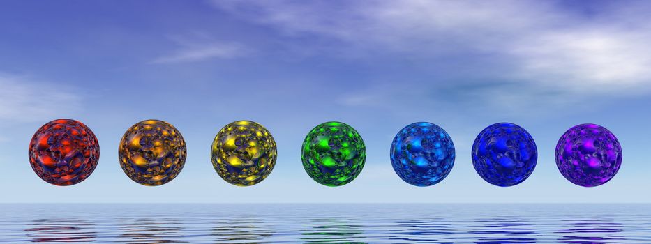 Colorful chakra spheres by day- 3D render