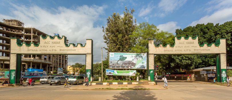 HARAR, ETHIOPIA - JULY 26,2014 - Two Gates with welcoming messages are placed at the border of the city of Harar.