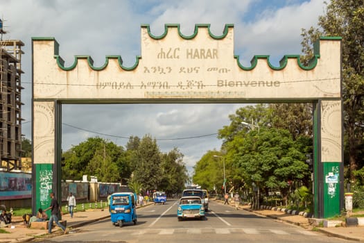 HARAR, ETHIOPIA - JULY 26,2014 - A Gate with a welcoming message is placed at the border of the city of Harar.