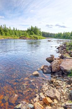 Landscape with forest, river and stones