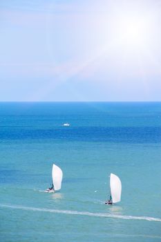 Sailing yachts in regatta near coast of Dieppe, Normandy, France