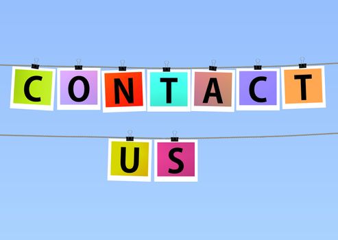 Illustration of colorful photos hanging on lines with the words "Contact us"