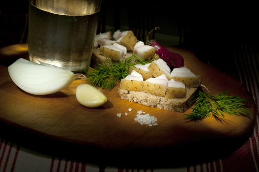 Sandwich with salted lard served with onion, cucumber, garlic and misted glass of vodka