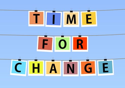 Illustration of colorful photos hanging on lines with the words "Time for change"
