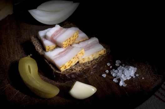 Sandwich with salted lard, served with onion, cucumber and garlic