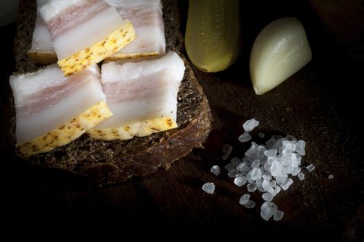 Sandwich with salted lard, served with onion, cucumber and garlic