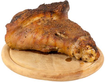 Roasted pork leg served on cutting board isolated on white