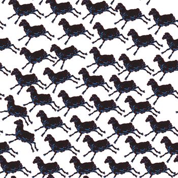 Seamless pattern with the same black sheep in different positions, doodle illustration over white