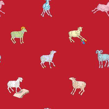 Sparse seamless pattern with different sheeps, hand drawn cartoons on a red background