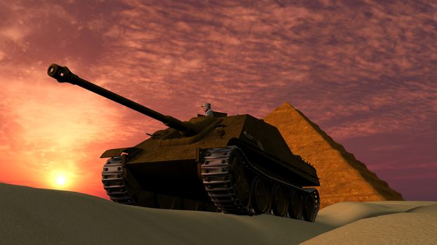 Old tank in desert with Pyramid background at sunset