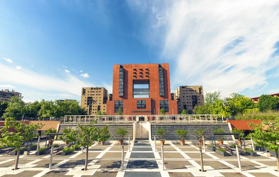 Facade and square of Bicocca University, Milan Lombardy Italy