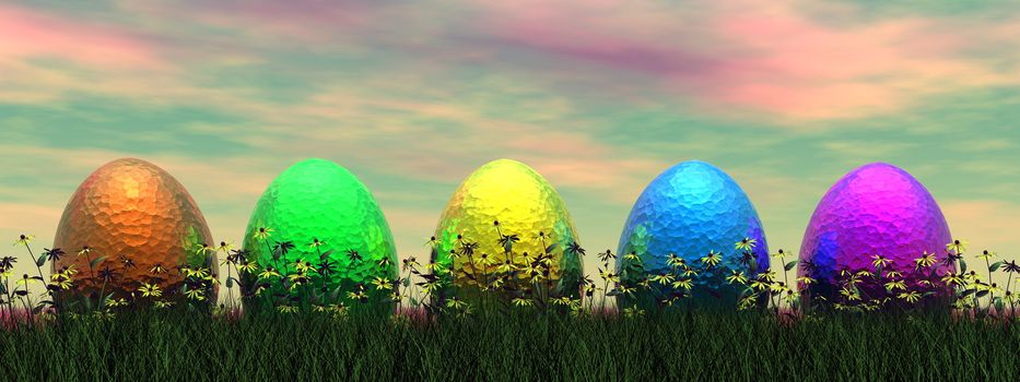 Easter eggs in nature by sunset- 3D render