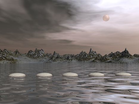Steps upon water near mountains by morning light with full moon - 3D render