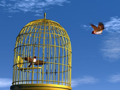 Two blue finch birds, one flying out of the cage and the other in the cage - 3D render